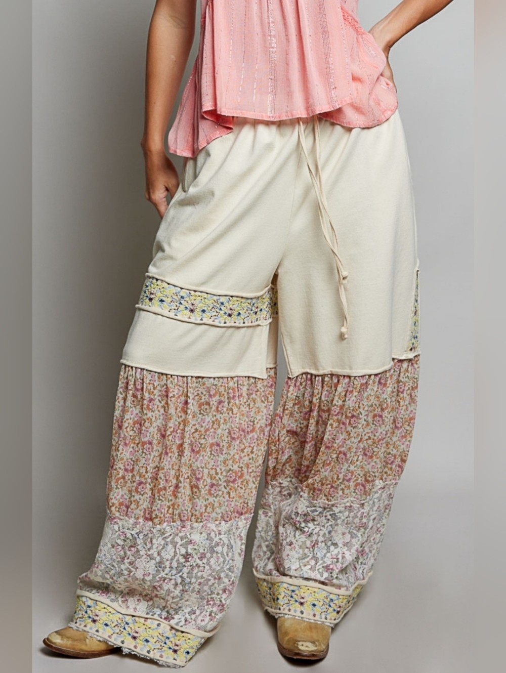 #1523 POL Cottage Bloom Patchwork Boho Pants